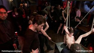 Bound babe rough fucked in public bar