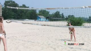 Dashing young nudist chicks have fun at the beach