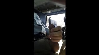 Jerked off on publc bus. Close up. Cum shot