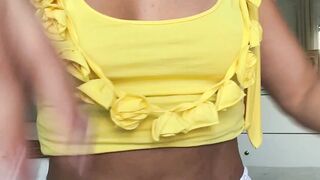 Horny Wife Loving Her Boobs in a Sexy Yellow Outfit