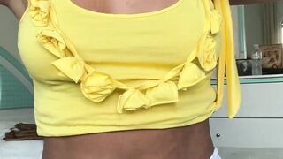 Horny Wife Loving Her Boobs in a Sexy Yellow Outfit