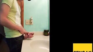 straight hunk with fat dick jerks off in bathroom