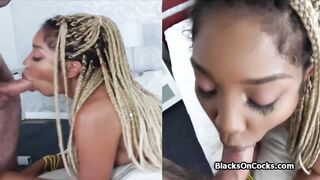 Ebony with blonde dreads milks big white cock