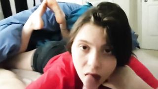 Cute girl sucks uncut dick. Swallows